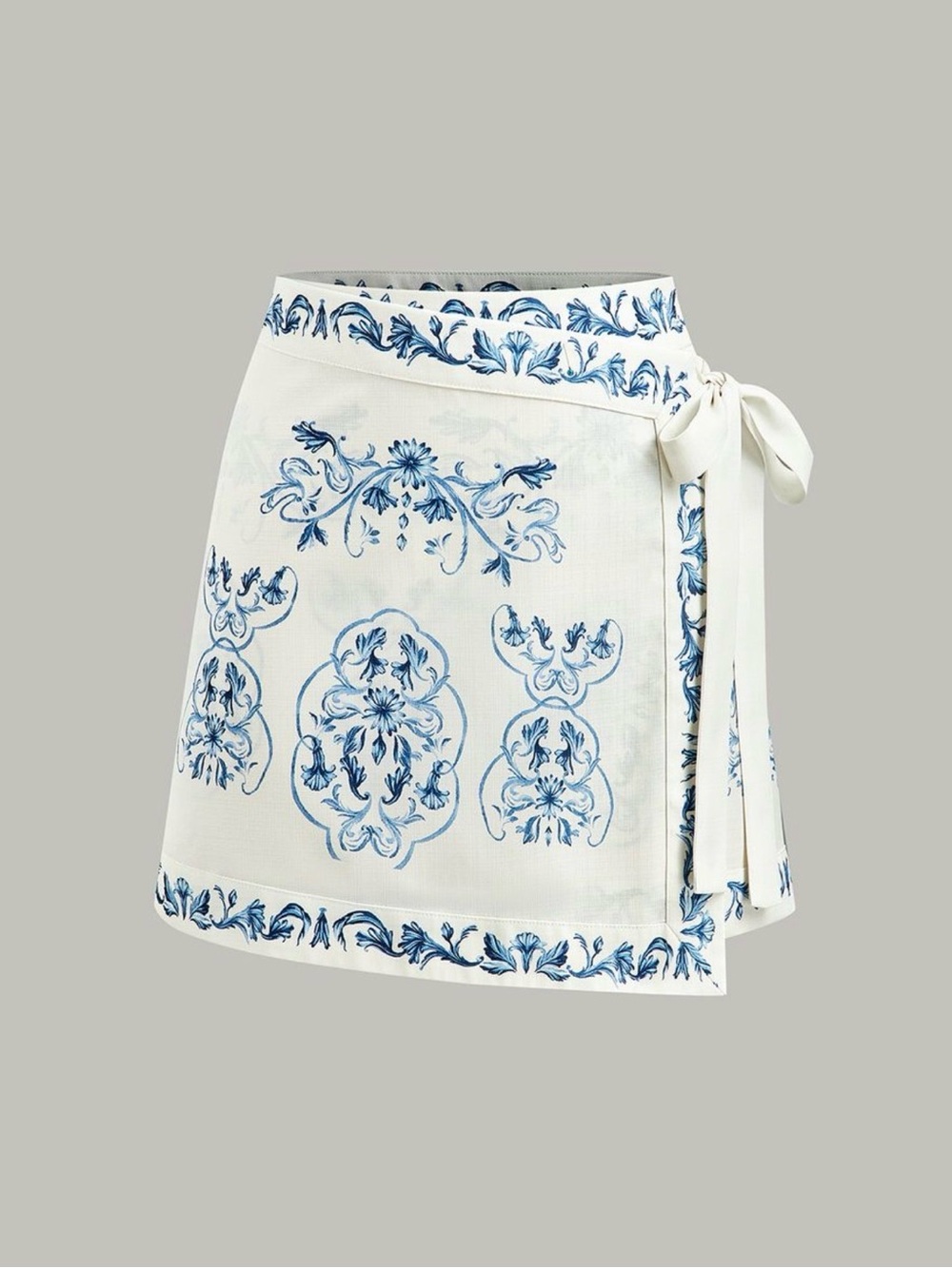 Commense White Wrap Skirt with Blue Floral Motif